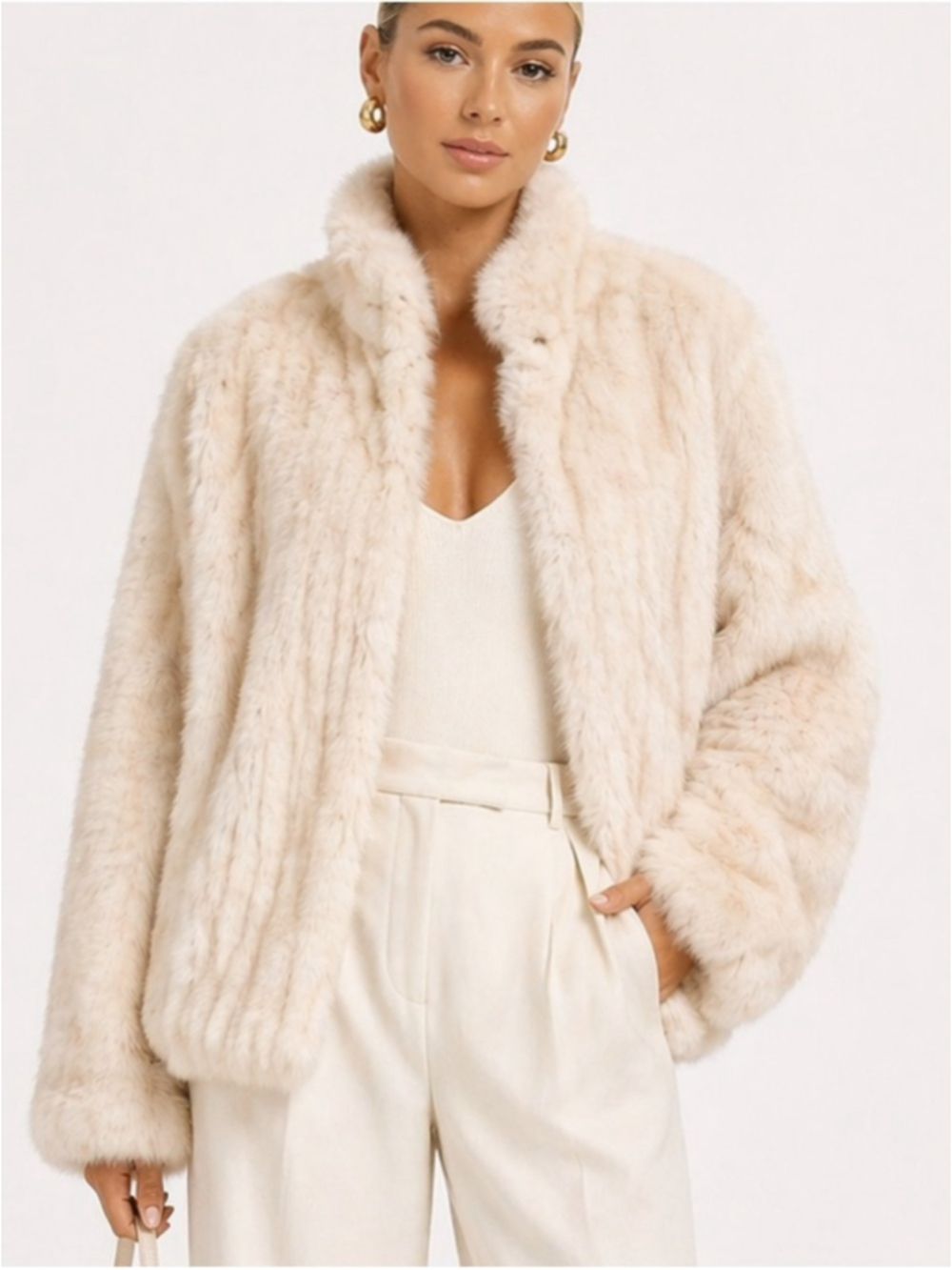 Cream Faux Fur Coat Plush Textured Jacket Soft Luxe Minimalist Medium